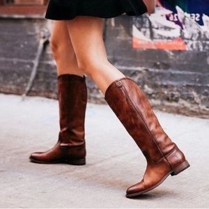 Distressed Frye Melissa Button Pull-on Tall Boots Cognac